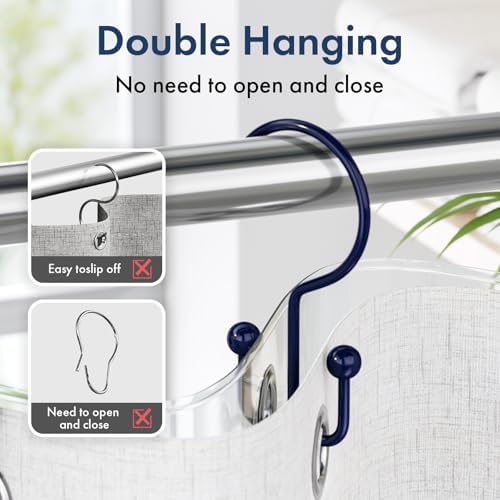 Bathway Shower Curtain Hooks Blue Shower Curtain Rings, 12 Pcs Double Hook Shower Curtain Hooks Rings Shower Curtain Hangers Rust Proof, Metal Shower Hooks for Bathroom Shower Curtain Rod