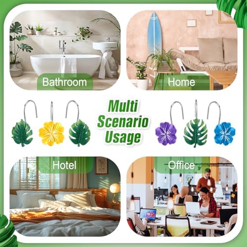 Thyle 12 Pcs Hawaiian Tropical Leaf Hibiscus Flower Shower Curtain Hooks, Colorful Resin Ornament Rings Summer Shower Curtain Hooks Decorative Rings for Home Holiday Bathroom Restroom Accessories