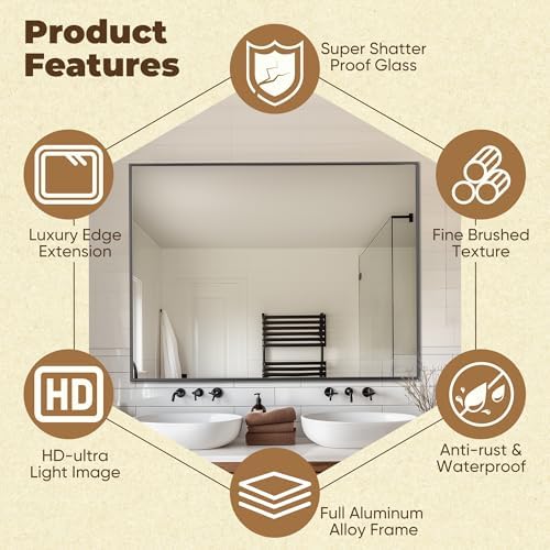 Antok 48x30 Black Metal Framed Bathroom Mirror, Wall Mirror with Rect Corners, Vanity Mirror for Over Sink, Anti-Rust Tempered Glass, Horizontal/Vertical Hanging for Bathroom, Living Room, Entryway