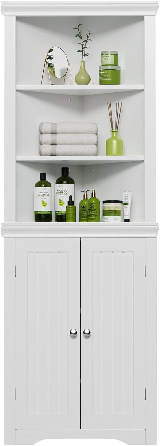 YESHOMY Corner Cabinet, Storage Cupboard with Doors, White | Tall Storage Cabinet with Adjustable Shelves, for Living Room, Bathroom, Kitchen