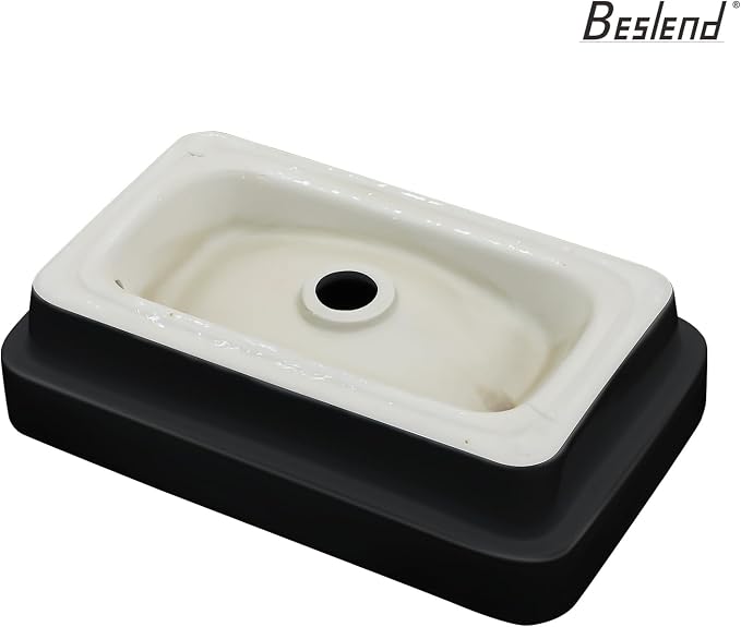 Rectangular White and Black Bathroom Vessel Sink | Beslend 19x12 Semi Recessed Black&White Above Counter Rectangular Ceramic Wash Sinks Top Counter Porcelain Modern Art Basin