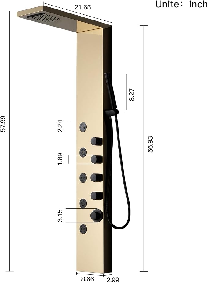 Shower Panel Tower System with Rainfall Shower Head | 5 Body Jets and Handheld Shower Head,Modern Massage Shower System Polished Gold and Black by Homevacious