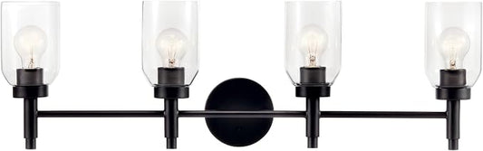 Kichler Madden 4-Light Bathroom Vanity Light, Black | Modern vanity light with clear glass for single or double bathroom mirrors (34" x 10.5"), 55186BK