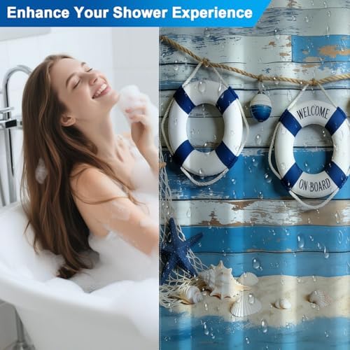 Waterproof Nautical Shower Curtain with Hooks, Deck Swim Ring Fabric Shower Curtains for Bathroom, Metal Grommets & Weighted Hem, Machine Washable Bathroom Shower Curtain Set, 72" W x 72" L