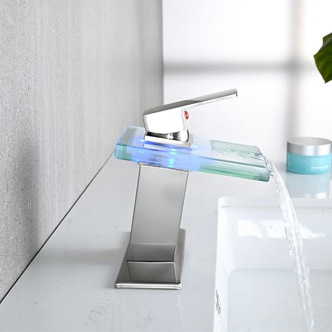 LED Bathroom Sink Faucet, Brushed Nickel Waterfall Single Hole Handle Vanity Faucets for Sinks 1 Hole with Metal Pop Up Drain and 2 Water Supply Lines, Open Glass Spout