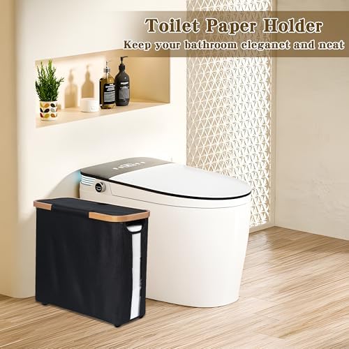 Toilet Paper Storage Basket with Lid - The Ultimate Bathroom Organizer, Free Standing Toilet Paper Holder for Up to 9 Mega Rolls, Toilet Tissue Storage Bin with Handle for RV Closet, Black
