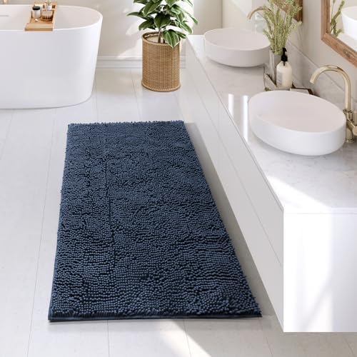 Hearth & Harbor Bathroom Rugs, Chenille Bath Mat - Machine Washable Bath Mats for Bathroom Non-Slip Backing Rubber, Quick Dry Mat - 26x44 - Blue