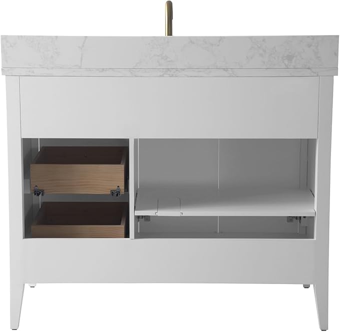 Vanity Art 42 inch Bathroom Vanity with Single Sink & Ceramic Top, Vanity Cabinet with Soft-Closing Door, Solid Wood Frame, Linear Pattern, White, VA9142-W-MB,Matte Black Handles