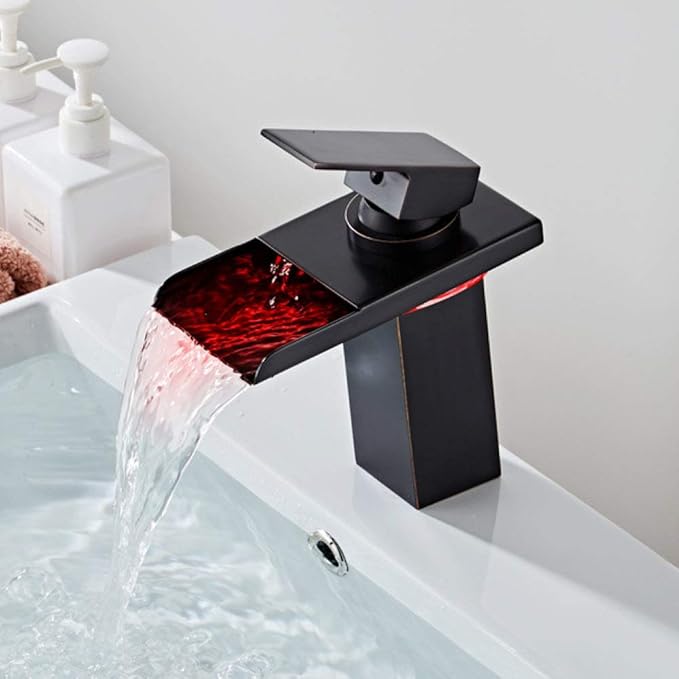 Faucet LED Waterfall Brass Faucet Bathroom Deck Mounted Basin Sink Mixer Tap Gold (Black Oil Brushed) Faucet