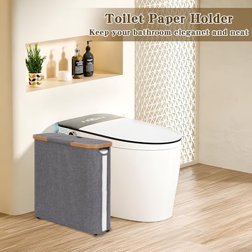 Toilet Paper Storage Basket with Lid - The Ultimate Bathroom Organizer, Free Standing Toilet Paper Holder for Up to 12 Mega Rolls, Toilet Tissue Storage Bin with Handle for RV Closet, Grey