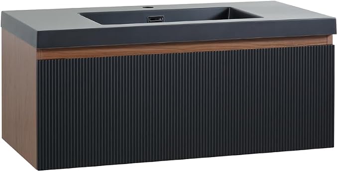 36 Inch Floating Bathroom Vanity with Sink, Wall Mounted Striped Storage Cabinet, Soft Close Drawer, Black Quartz Sand Basin, Fully Assembled, Smoked Walnut Finish