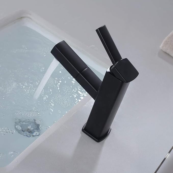 KAIYING Bathroom Sink Faucet with Pull Out Sprayer, Single Handle Basin Mixer Tap for Hot and Cold Water, Lavatory Pull Down Sink Faucet with Rotating Spout (Regular, Black)