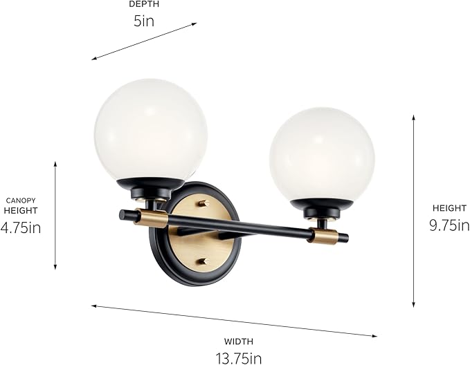 Kichler Benno 2-Light Vanity, Modern Light with Opal Glass in Black and Champagne Bronze, for Bathroom or Powder Room (8.75" x 14.75"), 55171BKCPZ