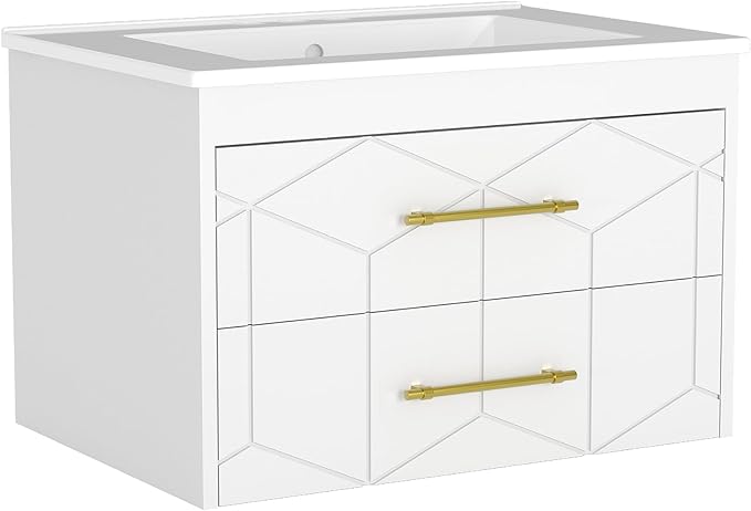 Garvee 24" Bathroom Vanity with Sink, Floating Bathroom Vanity with Ceramic Basin, 2 Large Storage Drawers with Gold Metal Handle, Modern Wall Mounted Bathroom Cabinet with Sink, White