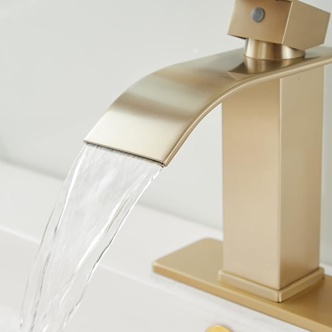 BWE Bathroom Vessel Faucet, Brushed Gold Waterfall Faucet with Pop-up Drain and Water Lines for Vanity Sink, Stainless Steel Construction