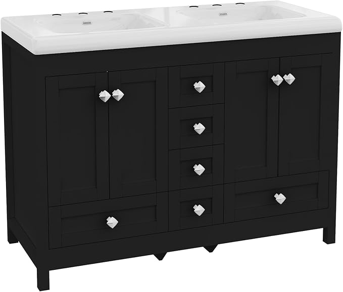 48 Inch Bathroom Vanity with Sink, Bathroom Vanity Cabinet with Doulble Sink, Black Bath Vanities with 4 Doors and 6 Drawers (20" D x 48" W x 36" H)