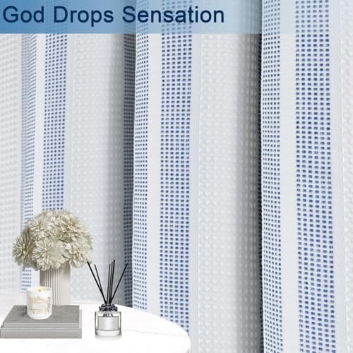 ORTIGIA Blue Striped Shower Curtain 72x72 Inch, Waffle Textured Heavy Duty Thick Cloth Fabric Shower Curtains with 12 Metal Hooks,Blue and White Bath Bathroom Shower Curtain