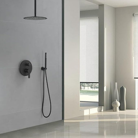 Matte Black Ceiling Mount Round Rain Shower System with 12 Inch Shower Head and Handheld Bathroom Shower Set Contain Shower Faucet Trim Kit (Mixer Valve Included)