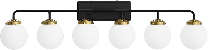 Bathroom Light Fixtures 45.3in 6-Light Black Gold Vanity Lights for Mirror | Dimmable Bathroom Lighting Fixtures over Mirror, ETL, E12 Base Max 60W, Modern Wall Sconce, Milky White Glass Ball Shades