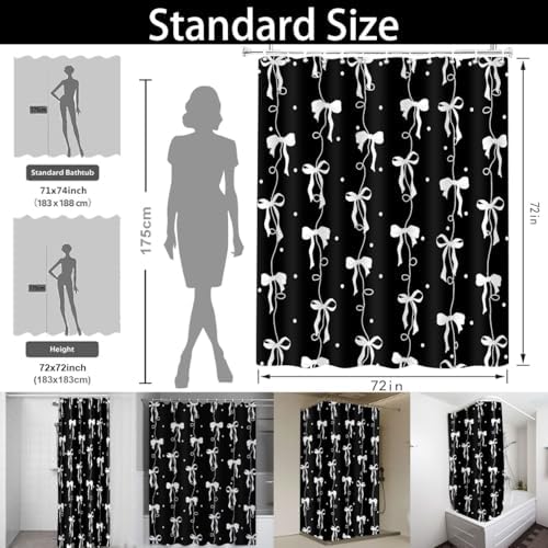 Black and White Bow Shower Curtain for Bathroom, Teen Girls Theme, 72x72In
