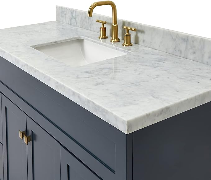 DKB Bradford 54" Midnight Blue Bathroom Vanity with Sink, 1.5" Italian Carrara Marble Countertop, Rectangular Undermount Sink, Solid Wood Frame, 2 Soft-Closing Doors, 4 Dovetail Drawers