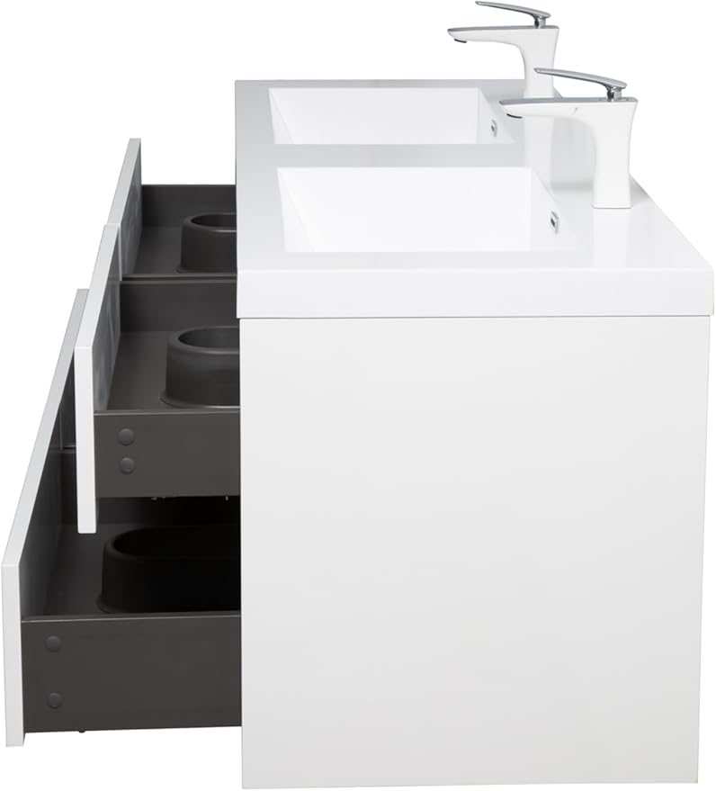 60" Floating Bathroom Vanity, Wall-Mounted Double Sink Vanity, Pre-Assembled Modern Floating Storage Cabinet with Stone Resin Countertop & Soft-Close Drawers, Glossy White