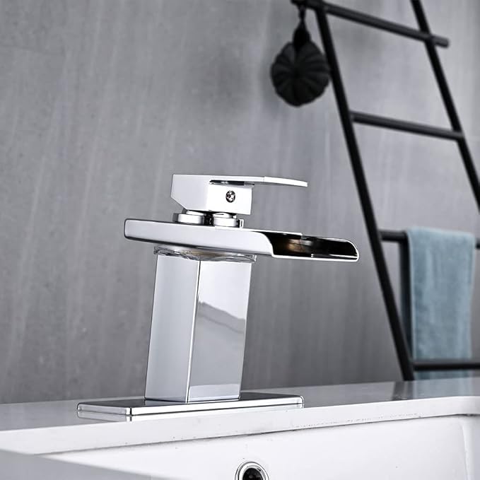LED Bathroom Sink Faucet, Chrome Waterfall Single Hole Handle Vanity Faucets for Sinks 1 Hole with Metal Pop Up Drain and 2 Water Supply Lines, Stainless Steel Spout
