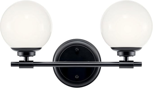 Kichler Benno 2-Light Vanity, Modern Light with Opal Glass in Black, for Bathroom or Powder Room (8.75" x 14.75"), 55171BK