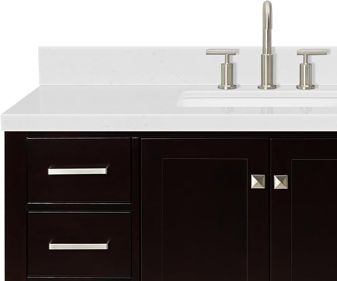 Beckford 48-Inch Bathroom Vanity with Sink — Espresso Single Sink Bathroom Vanity, 1.5" Edge Carrara White Quartz Countertop, Solid Wood, 2 Soft-Close Doors, 9 Dovetail Drawers