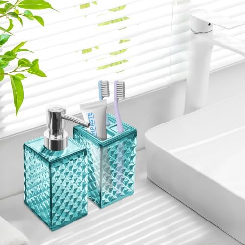 2 PCS Bathroom Accessory Set,Teal Blue Soap Dispenser and Toothbrush Holder