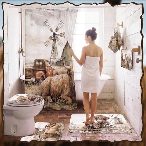 FuWeave 8 Pcs Highland Cow Shower Curtain Sets for Bathroom Farm Daisy Cattle Shower Curtain Sets Rustic Farmhouse Bathroom Accessories with Towels Carpet Bath Mat Toilet Rugs and 12 Hooks
