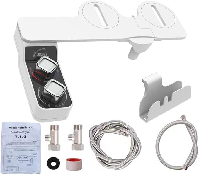 Bidet Attachment for Toilet, Hot and Cold Water Non-Electric Self Cleaning Dual Nozzle(Frontal/Rear Wash) for Bidet Toilet Seat, Adjustable Water Pressure, Extra Phone Holder for Bathroom