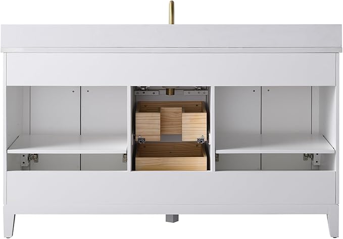 Vanity Art 60" Bathroom Vanity with Single Sink & Arabescato White Engineered Stone Top, Vanity Cabinet with Soft Closing Door, Solid Wood Frame, Golden Brushed Handles, White VA8160S-W-GB