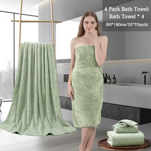 Ycosy Extra Large Bath Towels Set 35x70 Inches - Green Luxury 600 GSM Oversized Bath Sheet Towel,Ultra Soft Microfiber - Quick Dry,Highly Absorbent Shower Towels Spa Hotel Bathroom Towel Set (4-Pack)