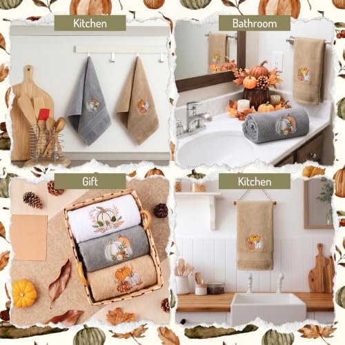 FuWeave 3 Pcs Gray Brown Fall Pumpkin Hand Towels for Bathroom