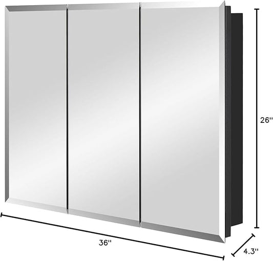 Black Bathroom Medicine Cabinet with Beveled Edge Mirrored Door 36 x 26 inch, Recessed or Surface Mount, with Adjustable Glass Shelves