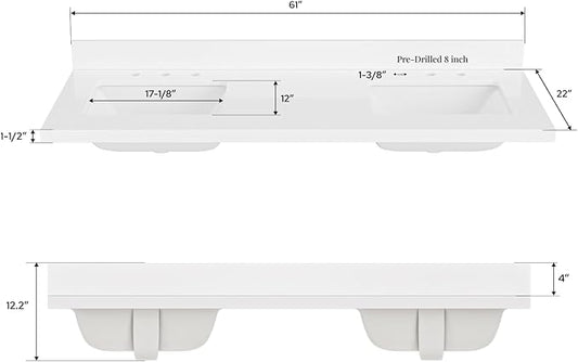 ARIEL 61 inch Double Bathroom Vanity top with Sink, 1.5 Inch Thick Miter Edge White Quartz top, Rectangle Double Sink Vanity top, Includes Backsplash