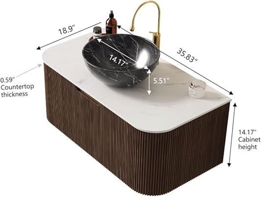 36'' Bathroom Vanities Cabinet with Sink Combo, Wall Mounted Floating Cabinet W/Curved Edges Stripes, Oak Plywood, Soft-Close System with a Drawer, Black Bowl Ceramic Basin - Kiel, Dark Walnut/R