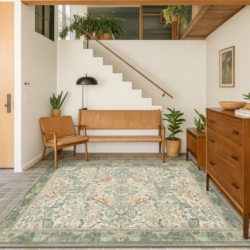 Washable 4x6 Entryway Rug, Sage Green Area Rugs for Living Room, Bedroom, Large Kitchen, Office, Boho Botanical Decor, Non-Slip Low Pile Ultra Soft Carpet