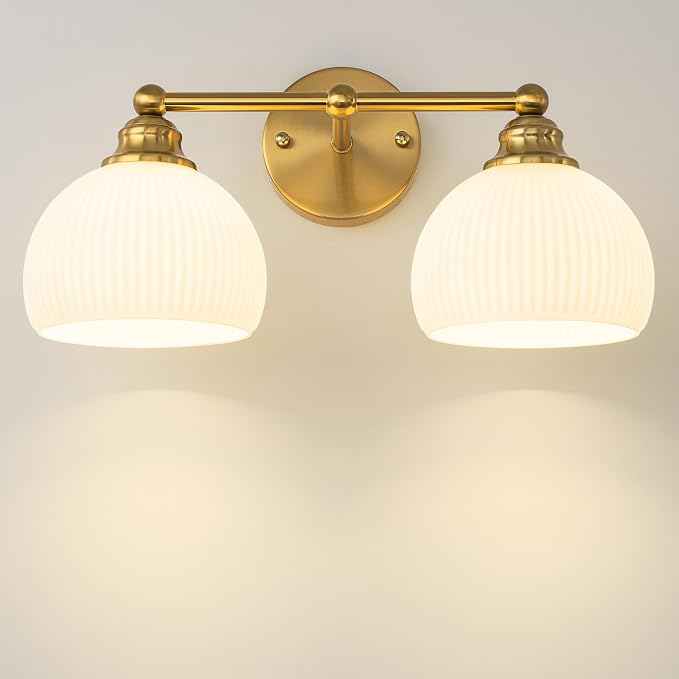 Bathroom Vanity Light Fixtures 2 Light Modern Bathroom Lights over Mirror | Vintage Gold Antique Restroom Light Fixture with Milk White Glass Shade for Bathroom, Bedroom E26 Base