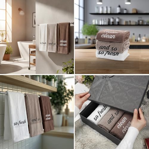 Tiamon 3 Pcs Bathroom Towel Decorative Set 100% Cotton Fluffy Bath Hand Towels for Guest Gifts Farmhouse Kitchen Hand Towels Home(White, Light Brown, Dark Brown,30 x 13 Inch,So Fresh and So Clean)