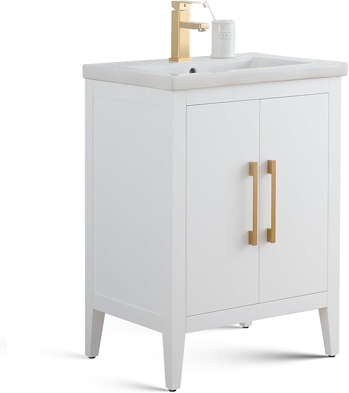 Vanity Art 24 inch Bathroom Vanity with Single Sink & Ceramic Top, Vanity Cabinet with Soft-Closing Doors, Solid Wood Frame, White, VA9024-W-GB1