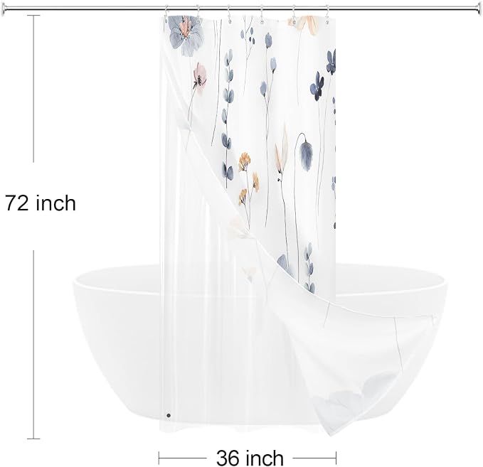 Small Stall 3 in 1 Shower Curtain Set, 36x72 | Narrow Half 3 in 1 Shower Curtain Set, PEVA Liner Set & 12 Double Sided Steel Hooks, Waterproof Fabric Bathroom Curtain