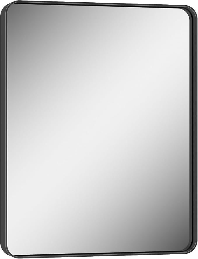 Keonjinn 24 x 30 Inch Black Mirror, Aluminum Frame Bathroom Vanity Mirror | Sandblasted Finish, Matte Black Mirror, Anti-Rust, Seamless Aluminum Frame, Rounded Corner, French Cleat Mount, NO Distortion