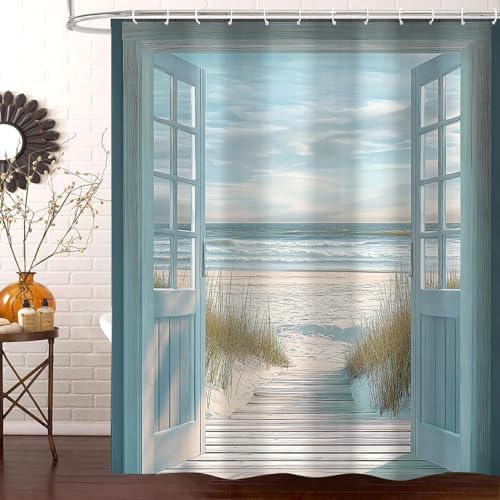 Blue Beach Barn Door Shower Curtain, Rustic Country Ocean Coastal Seaside Scenery Decor Bath Curtains, Retro Teal Wood Waterproof Bathroom Accessories Set, 72 x 72 inch with Hooks