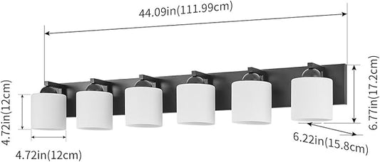 mirrea 44-Inch 6-Light Black Vanity Lights for Bathroom, Vanity Lighting Fixtures with Etched White Glass Shades