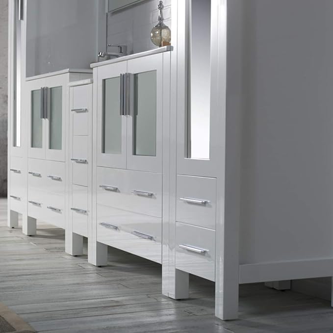 Blossom 102 Inch Bathroom Vanity with Linen Tower, Glossy White | Solid Wood, Extra Wide Double Sink, Modern European Design, Moisture Resistant Painted Finish, Includes 2 Mirror Cabinets