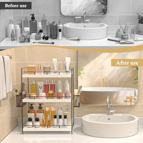 Wood Bathroom Counter Organizer with Metal Frame for Vanity Storage ,White