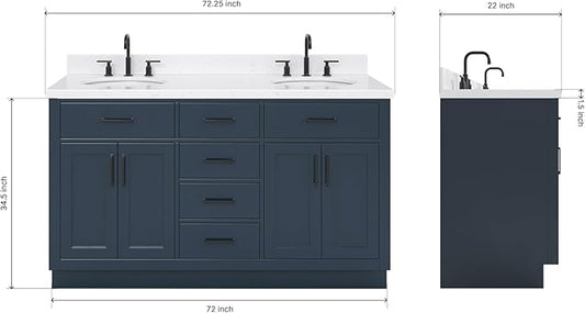 ARIEL Hepburn 72-inch Bathroom Vanity with Sink,Solid Wood, 1.5-inch Carrara White Quartz Countertop, Double Oval Porcelain Sink, 4 Soft Closing Doors, 6 Dovetail Drawers, Midnight Blue