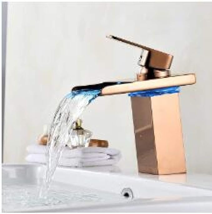 Faucet LED Brushed Waterfall Brass Faucet Bathroom Deck Mounted Basin Sink Mixer Tap (Rose Gold Short) Faucet